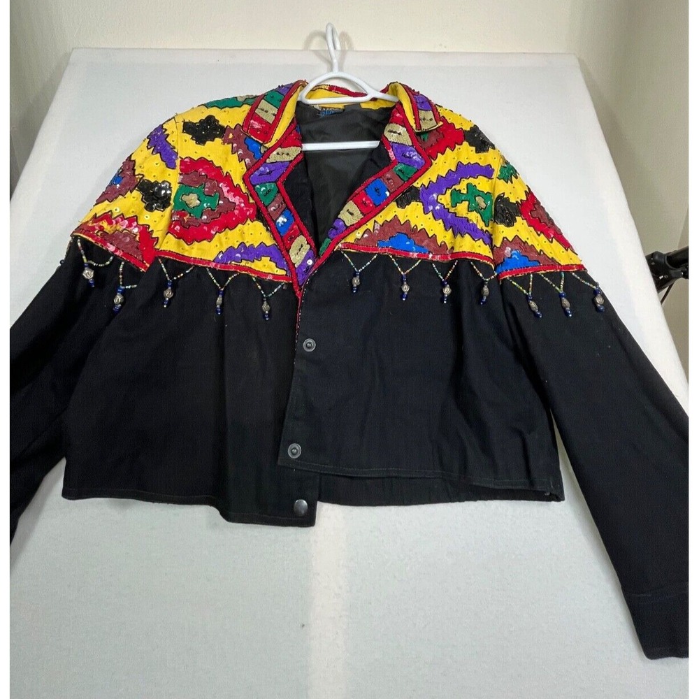 Vintage Modi Denim Beaded Sequin Jacket Black Multicolor Size L( 10-12)